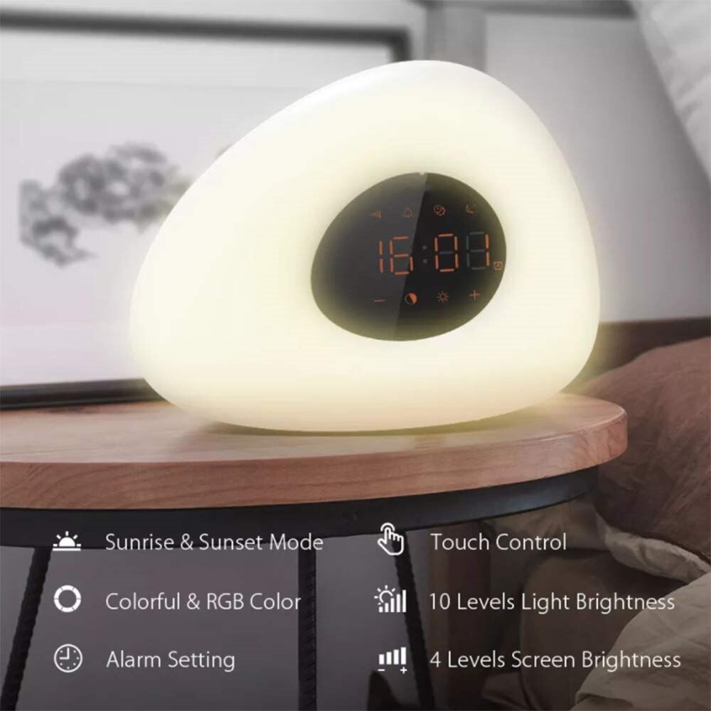 Soloppgang vekkerklokke våkne nattlys solnedgang digital klokke med slumrefunksjon naturlyder søvnhjelp 7 farger lampe