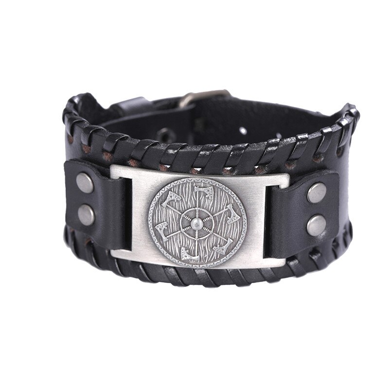Skyrim – bracelet en cuir large avec pendentif de hache Viking, bijoux de la mythologie nordique, amulette Kolovrat esclave Wicca Pulseira: wide black-silver