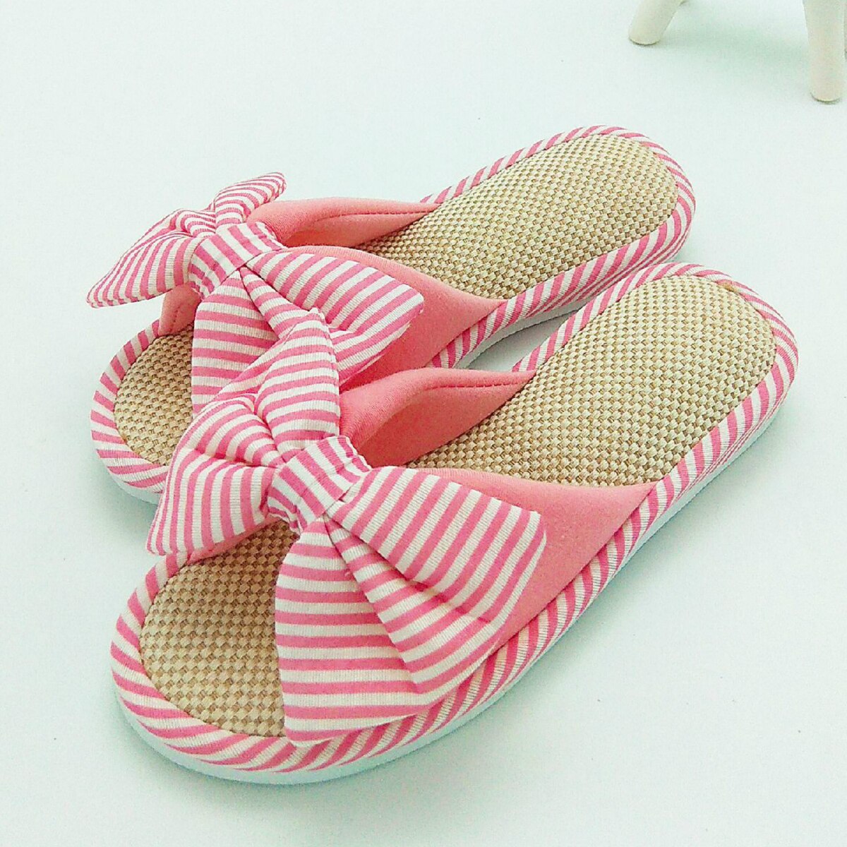 Intérieur maison pantoufles couleur bonbon printemps femmes chambre dessin animé noeud papillon dames diapositives confortable coton plancher lin maison chaussures