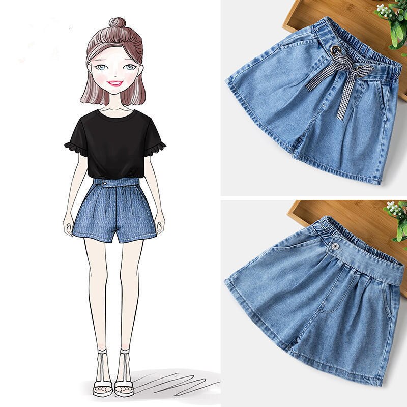 Pantaloncini per bambina Jeans pantaloni estivi in tinta unita per bambini coreani adolescenti pantaloncini elastici in vita abiti blu per adolescenti