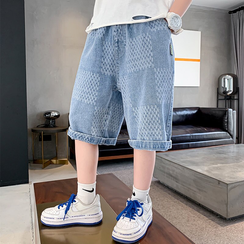 Denim kurze Hose für freundlicher Jungen 2022 Sommer lässig Baumwolle Einfarbig freundlicher Kurze Jean Knie Länge Hosen 5 zu 14 Jahre alt: Blau / 9