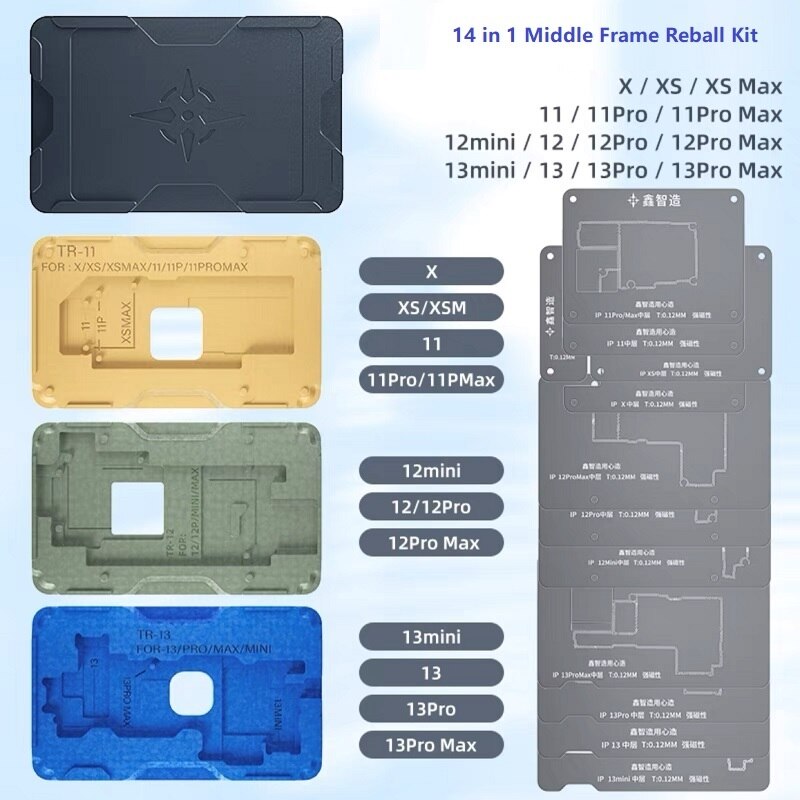 14in1 MasterXu XinzhiZao XZZ V10 V14 BGA Reballing Kit Planting Tin Template Middle Frame for iPhone X XR Xs 11 12 13 Pro Max
