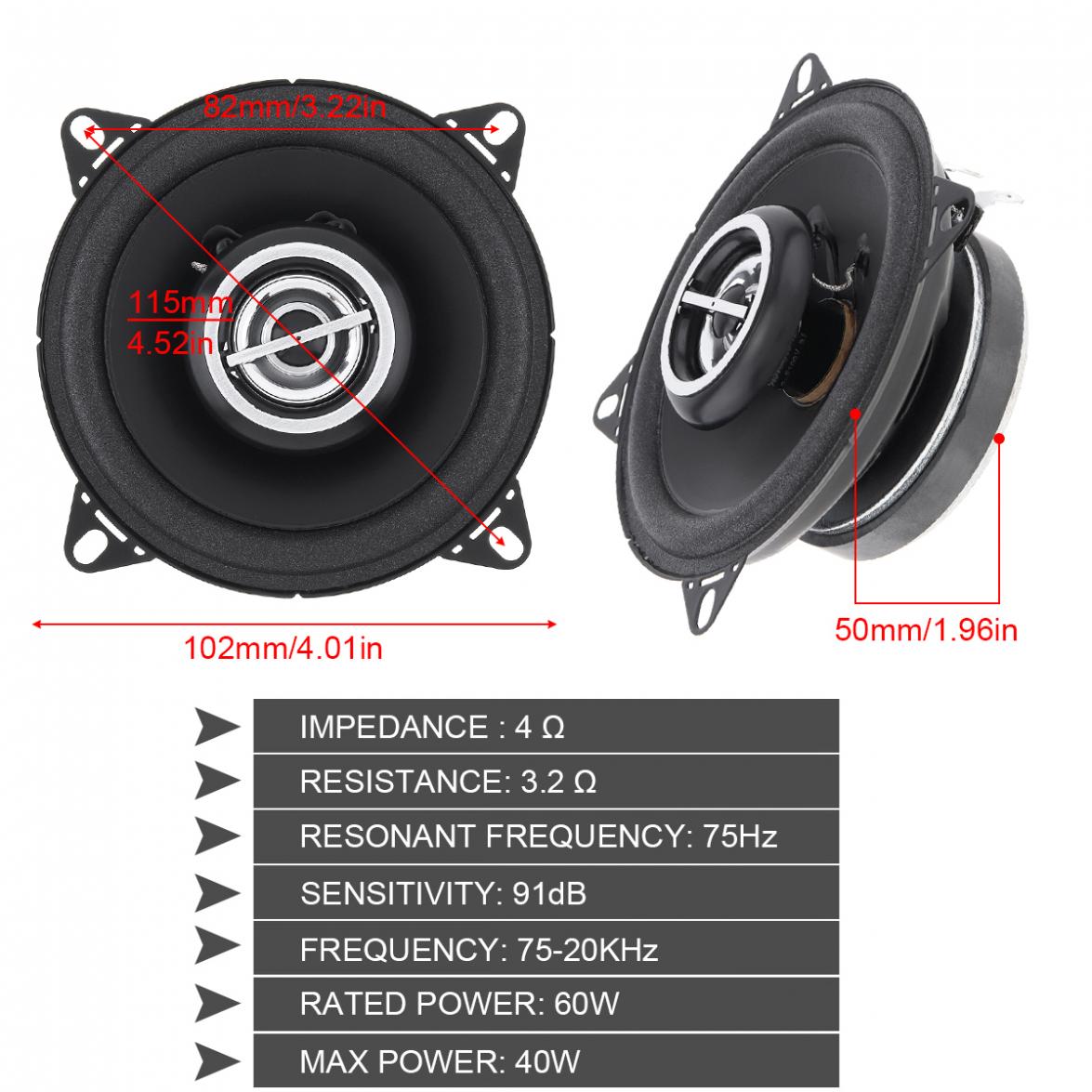 Altavoz Coaxial para coche de 4 pulgadas y 40W, altavoz ultrafino de bajos medios, instalación no destructiva, 2 uds.