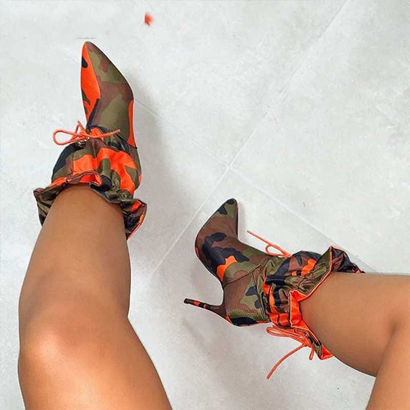 Wetkiss camouflage boots dam mid kalv boot vinterskor kvinnliga stilettklackar skor dam spetsiga tå elastiska partyskor