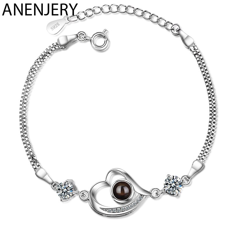 Anenjery zilveren zirkoon projectie hartvormige armbanden voor dames s -b242