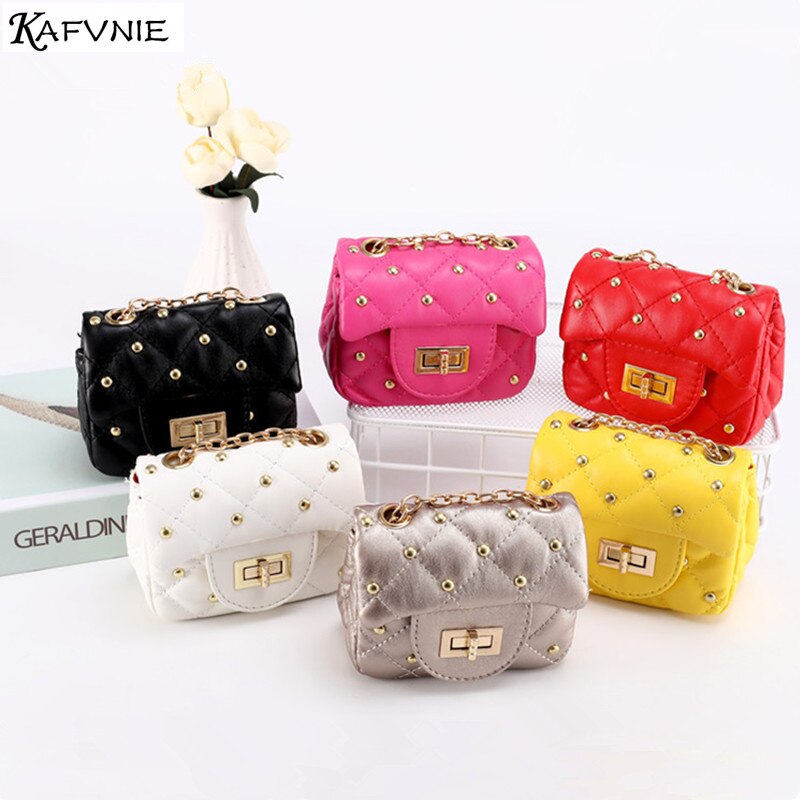 KAFVNIE Mini bolsos para niños monederos PU remache bolso de hombro para niños Pink Candy Bag chico de noche bolsas de cumpleaños