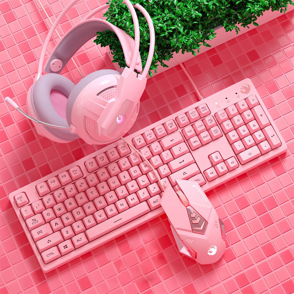 Mouse Keyboard Kit Mechanical Gaming Keyboard Wired Mouse Headphone with Microphone Breathing Light for PC Computer Laptop Pink