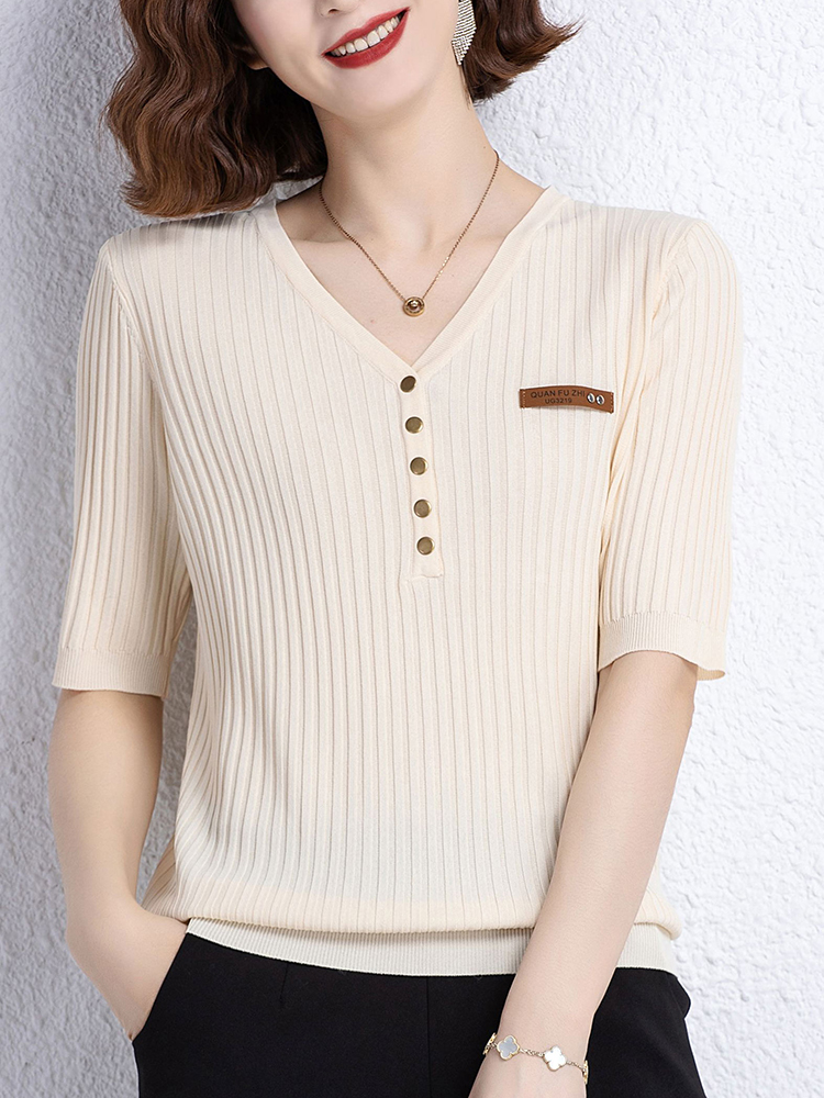 Yisu Zomer Vrouwen Trui V-hals Effen Kleur Tops Korte Mouw Losse Vrouwelijke Casual Gebreide Trui Vrouwen Kleding 2022: XingSe / M