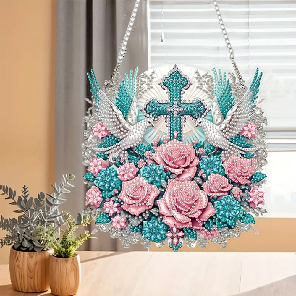Flowers Cross Diamond Art Hanging Pendant Diamond Painting Home Decor Rhinestone Diamond Art Window Pendants for Window Decor