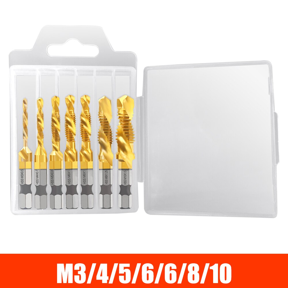 DIZAINLIFE M3 M4 M5 M6 M8 M10 Titanium Tap Drill Bit Set Hex Shank HSS Screw Thread Metric Combination Drill Bits Compound Tools: 7PCS Gold / Lengthen