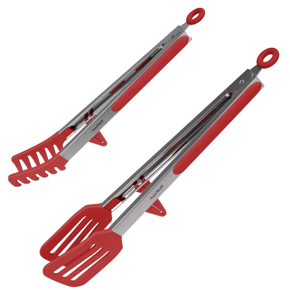Kitchen Cooking Tongs 12 / 9 inch turner Heat Resistant Stainless Steel with Silicone Stand For Salad Pasta Steak