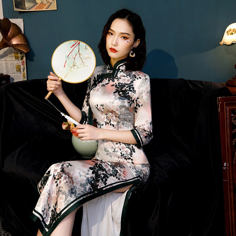 Zijde Vintage Lange Qipao Kostuum Lange Mouw Cheongsam Jurk Chinese Jurk Vrouwen Traditionele Chinese Stijl Qipao S-4XL