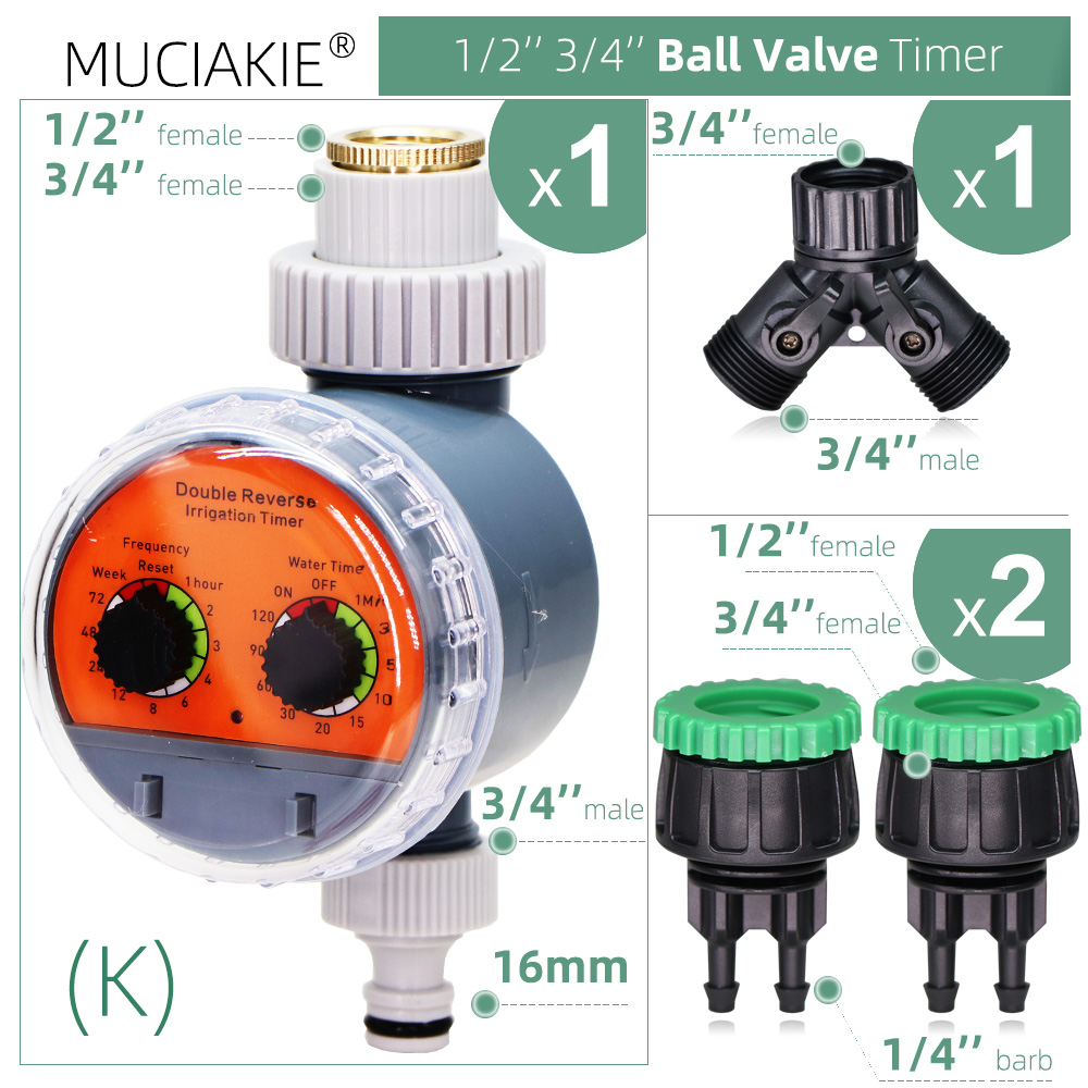 Garden Automatic Water Ball Valve Timer w Coupling Adapter for 1/4 1/2 3/4'' Tap Hose Outdoor Waterproof Irrigation Controller: K