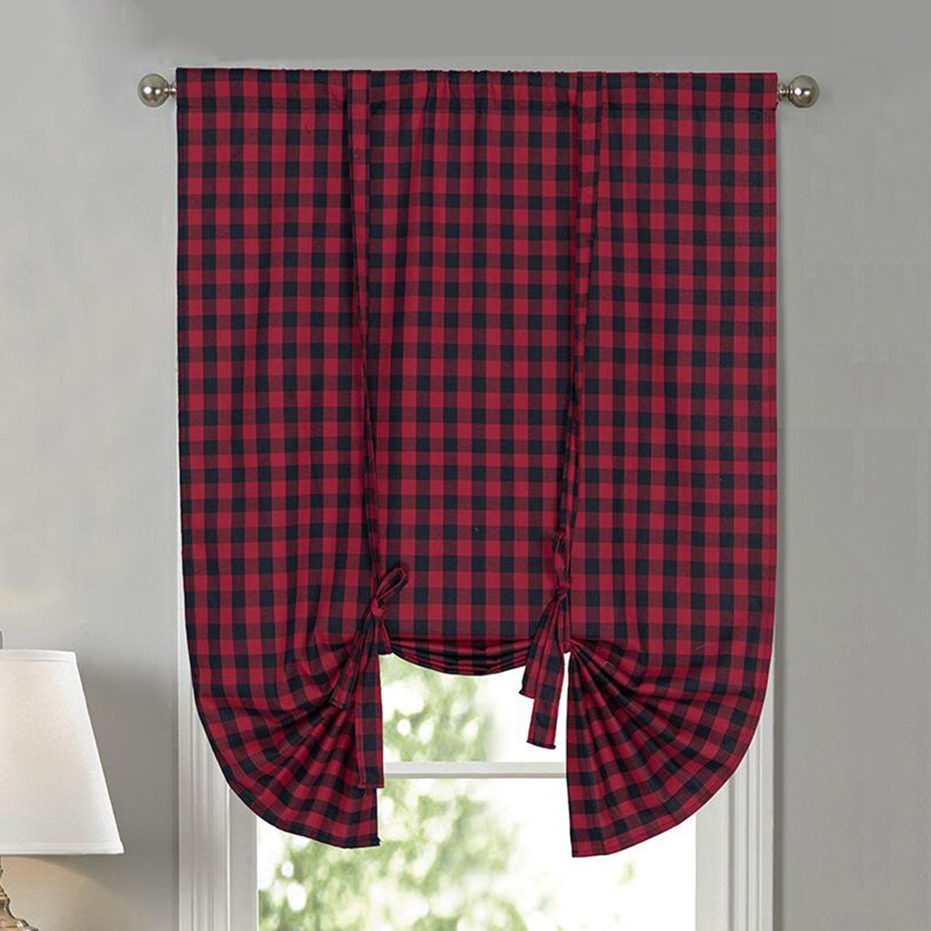 Tie Up Curtains for Windows, Buffalo Check Plaid Gingham Pattern Rod Pocket Adjustable Shades for Kitchen Windows Cafe Curtains: Red