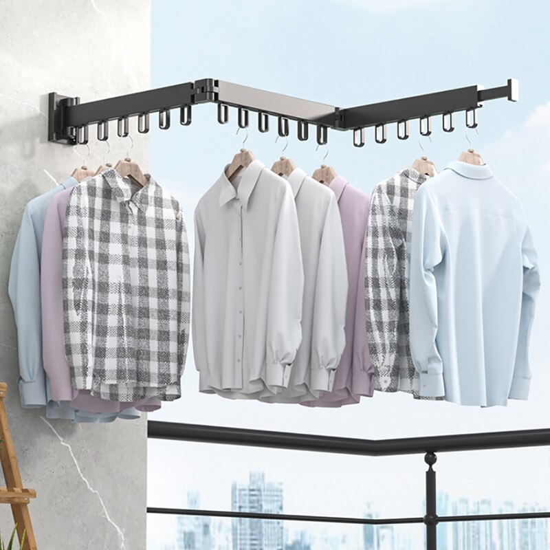 Folding Clothes Hanger Wall Mount Retractable Cloth Drying Rack Aluminum Laundry Clothesline Space Saving Drying