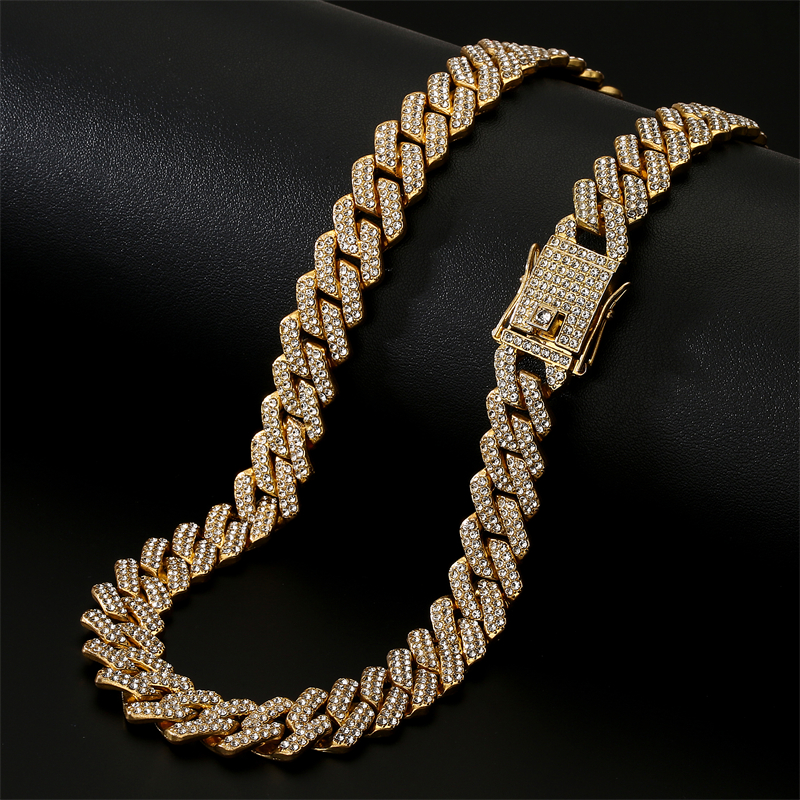 Gold Color Hip Hop Cuban Chain With Full Stone Mens Necklace Silver Color 2 Rows Rhinestone Paved Miami Cuban Chain Necklace: Light Yellow Gold Color