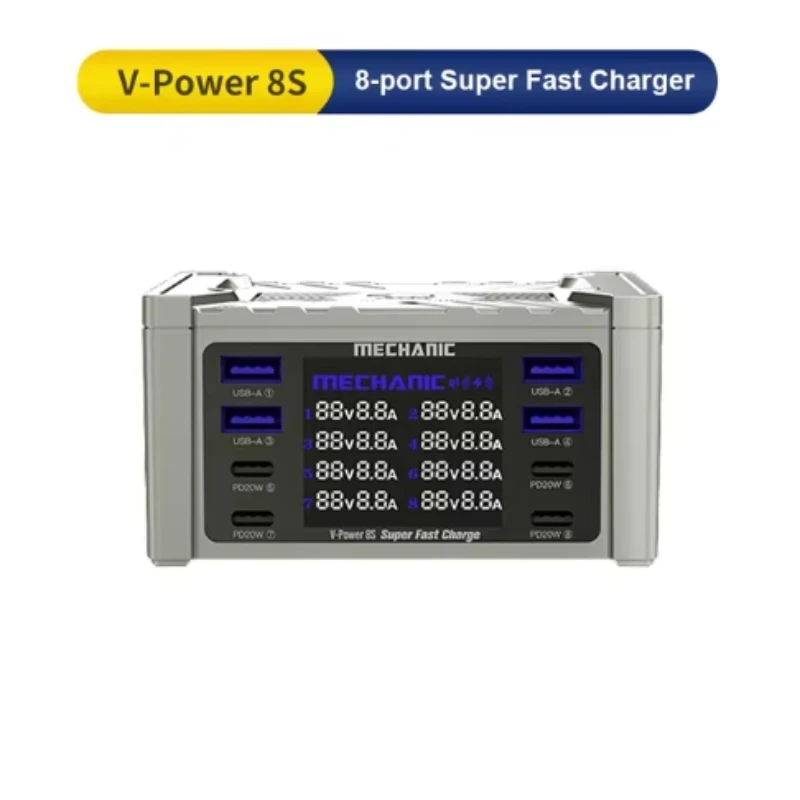 MECHANIC V-Power 8 8S 8pro Super Fast Charger USB Multi Port Charger Digital Display Phone Pad Watch Quick Charging: grey / 23mm