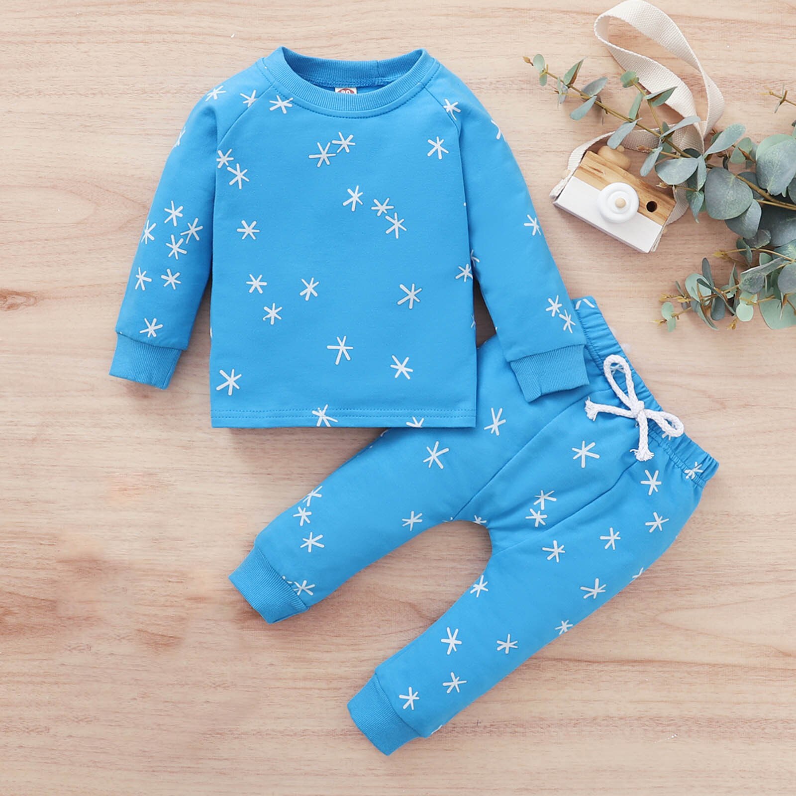 Toddler Infant Kids Baby Boys Girls Nightwear Long Sleeve O-Neck Star Printed Pullover Tops+Pants Home Outfits Set#p4