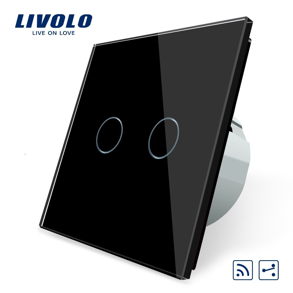 Livolo EU standard Remote Switch, VL-C702SR-12,2 Gang 2 Way Wireless Remote Wall Light Remote Switch, Black Crystal Glass Panel