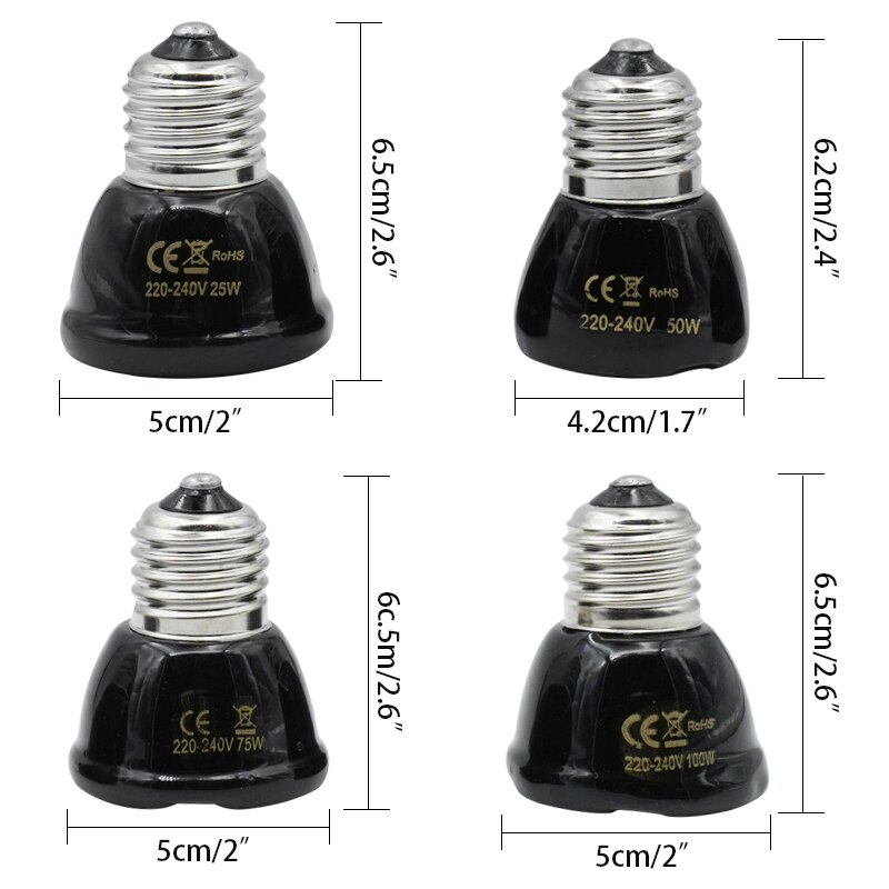 Mini lâmpada de aquecimento pet réptil infravermelho cerâmica lâmpada 220v preto 25w 50 75 100 emissor calor réptil lâmpada réptil suprimentos