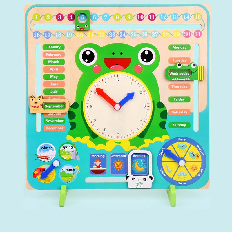 Barn tidigt lärande utbildning leksaker trä tecknad groda kalender klocka set barn trä kalender tid kognitiv matchande leksaker