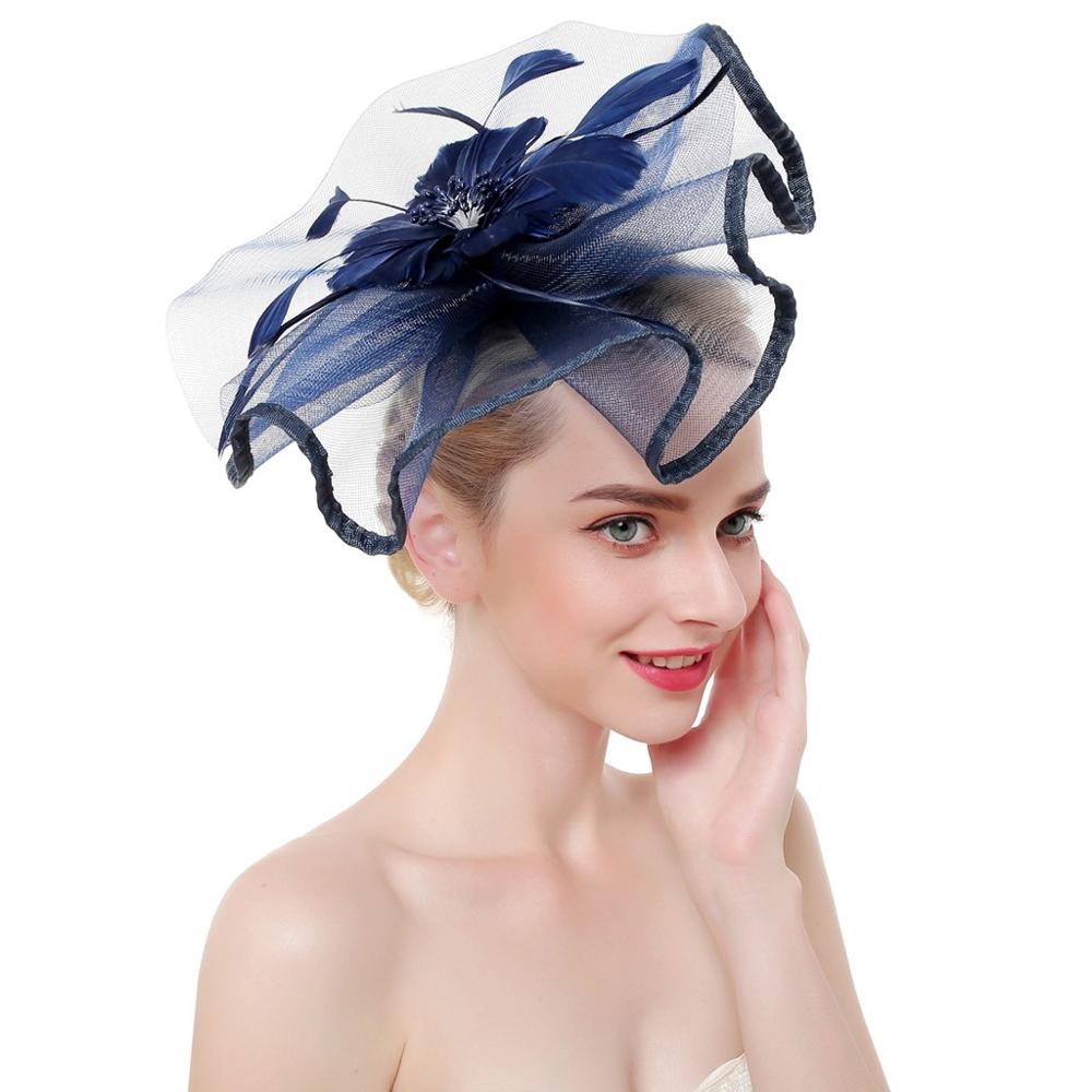 Sombrero de malla de plumas Fascinator para mujer, , diadema de flores grandes, Clip, boda, novia, de té, iglesia, novedad de: Navy