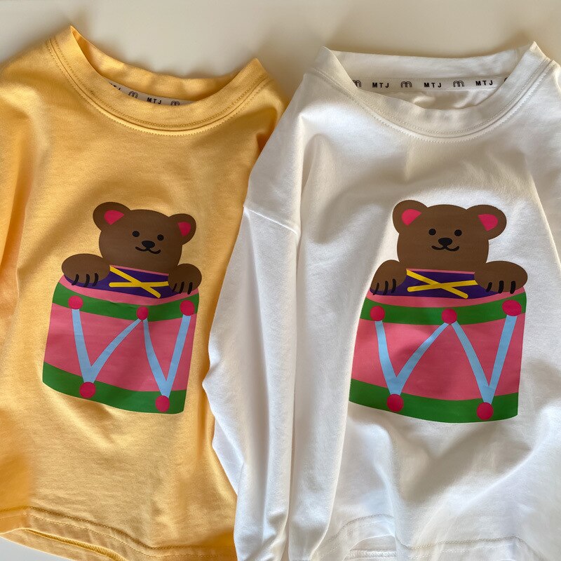 Camisetas de primavera Unisex con dibujo de oso, camisetas de manga larga informales de algodón con cuello redondo, diseños Coreanos