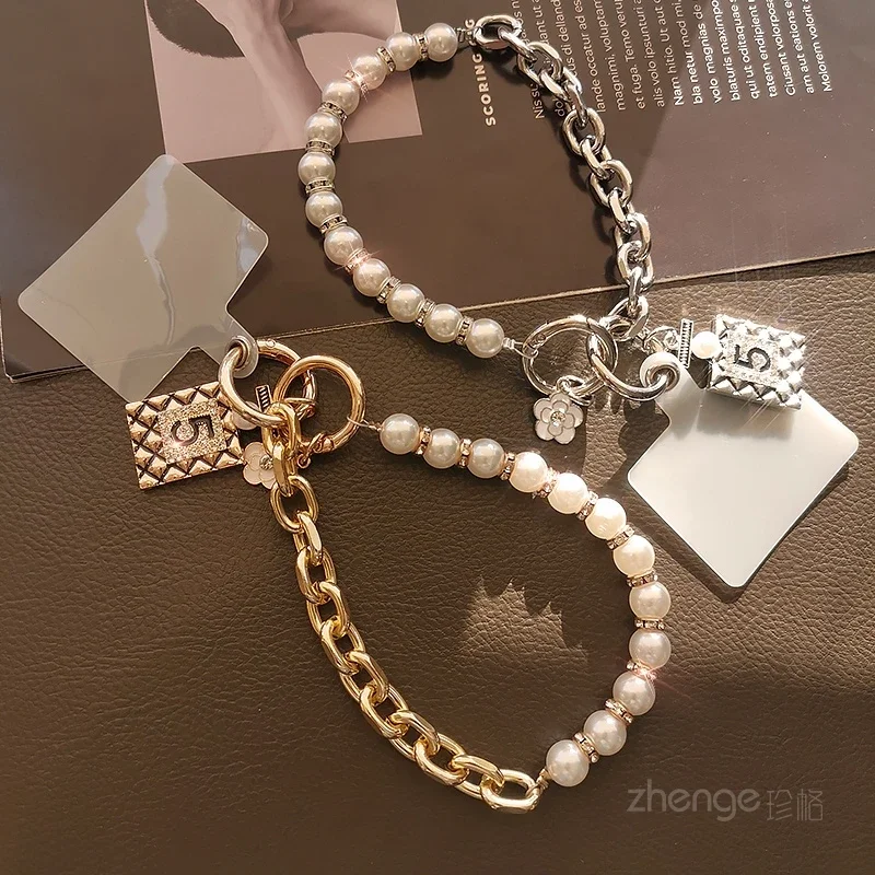 Lanyard voor mobiele telefoon Parelketting nr. 5-hangende tagarmband, korte polsband, kleine tag, metalen clip, telefoonhoes, universele riem