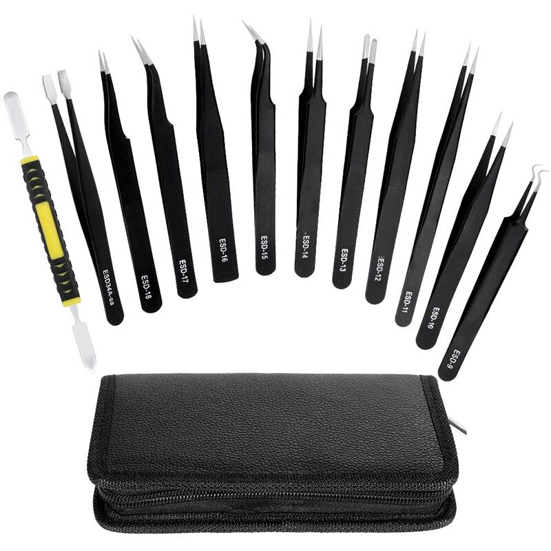 12 Pieces Tweezers Set, Anti-Static Tweezers Kit with 11 Precision Non-netic Stainless Steel Tweezers,Crowbar: Default Title