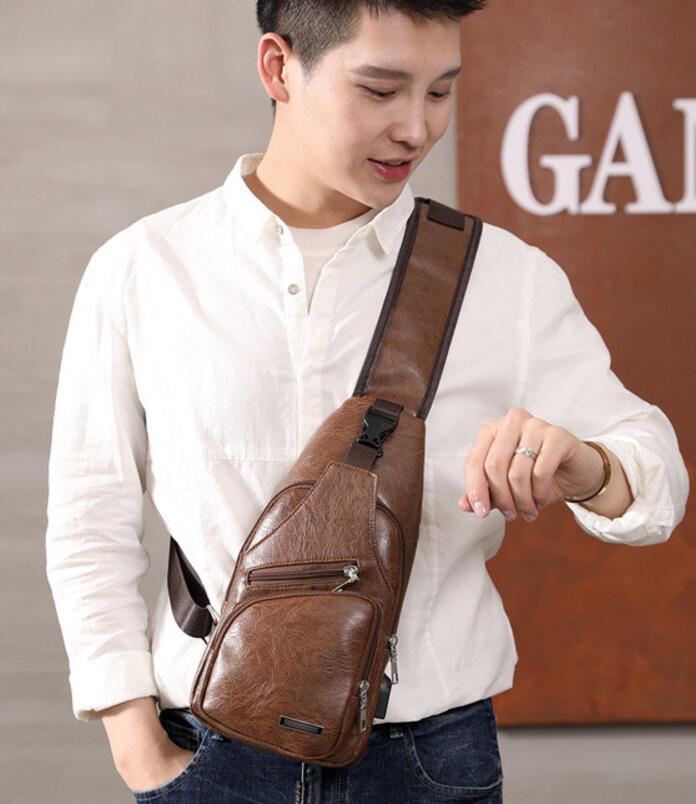 Men Back Pack Chest Pack Single Shouler Rucksack England Chest Bag Shoulder Cross Body PU Leather External USB Charger: Auburn