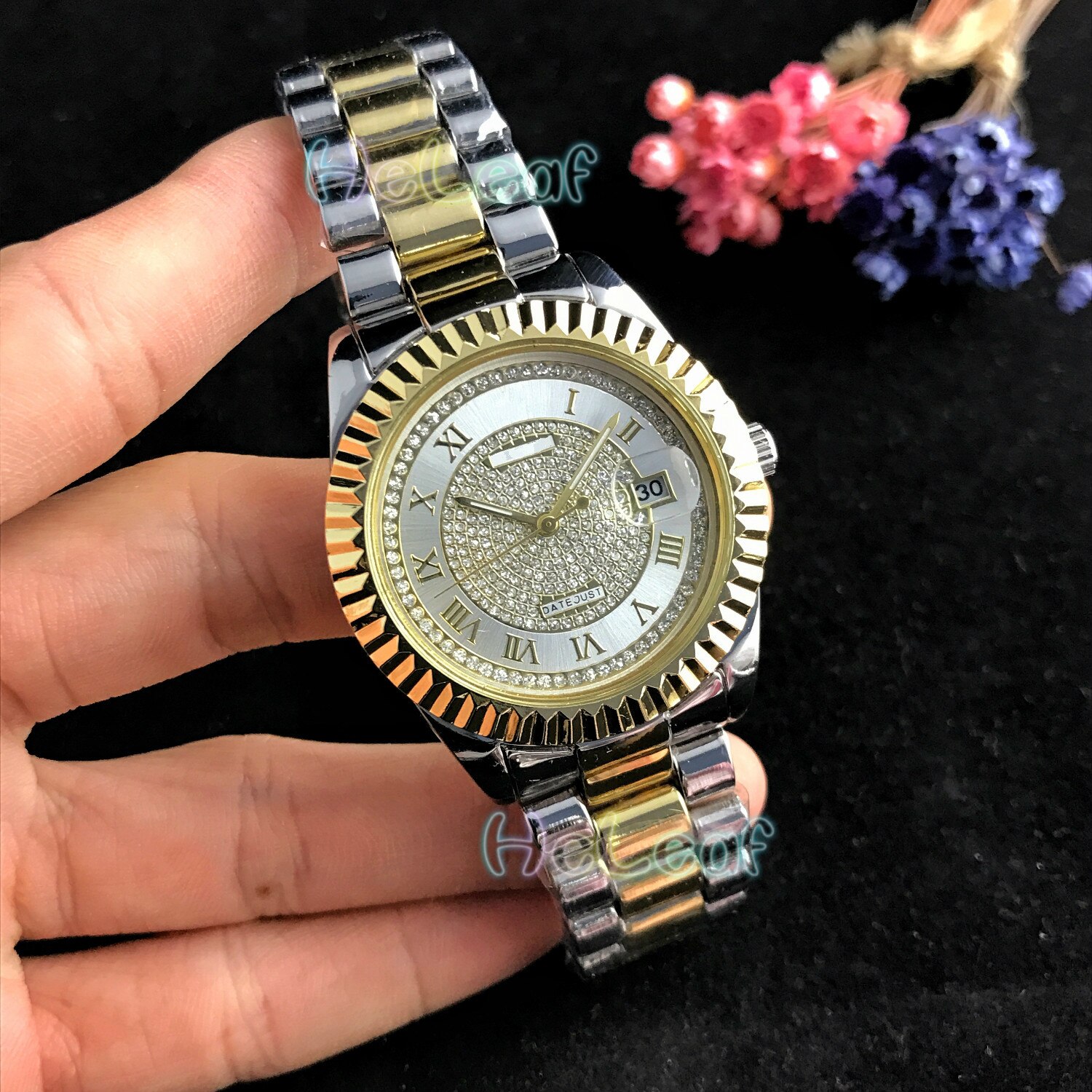 Kvinder ure luksus sølv guld runde diamant rustfrit stål bånd kvarts ur kvindelige ur montre femme reloj: Sølvguld
