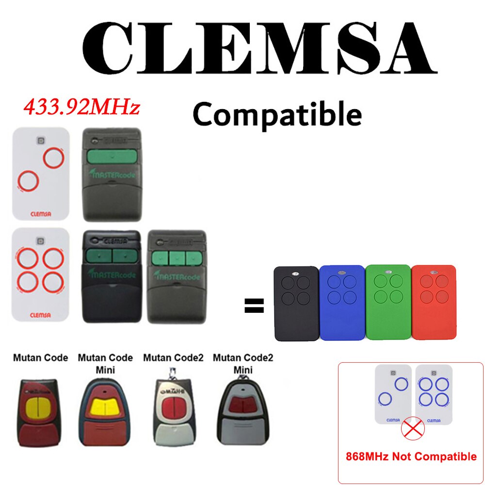 Garage Remote Clone CLEMSA MASTERCODE MV1 ERREKA IRRIS ROLLER SOL VEGA ROPER NEO MINI JCM GO Fixed Rolling Code