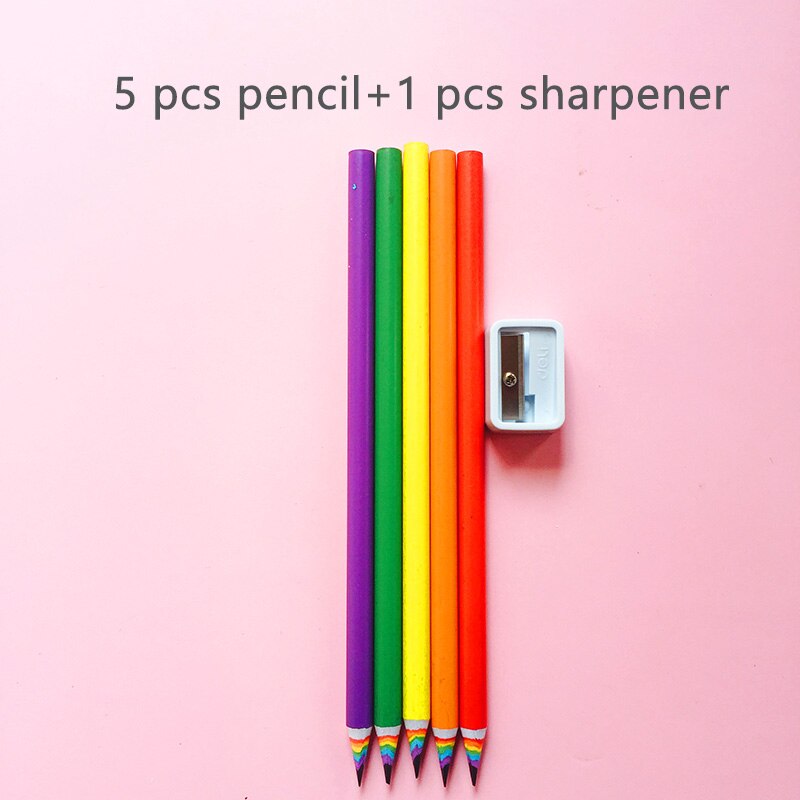 6Pcs/Set Stationery Sets 5 Pcs HB Rainbow Paper Pencil 1 Pcs Sharpener School Office Drawing Supplies Cute Pencils for Girls: 4