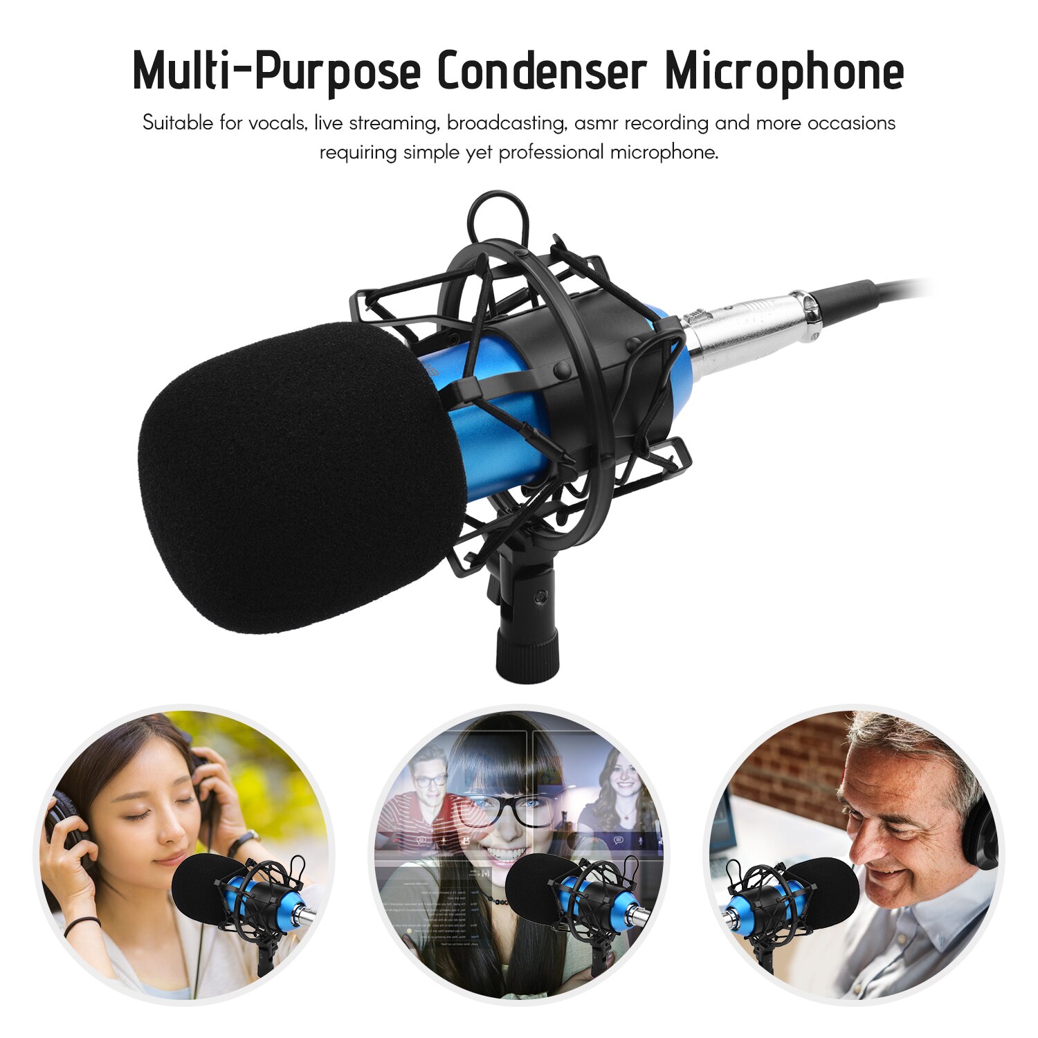Cardioid Condenser Microphone Kit with Audio Cable Metal Shockproof Clamp High Sensitivity Low Noise Mic