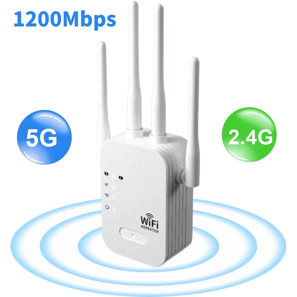 1200Mbps WiFi Repeater Wireless Extender WiFi Booster 5G 2.4G Dual-band Network Amplifier Long Range Signal WiFi Router Home: WHITE / US Plug