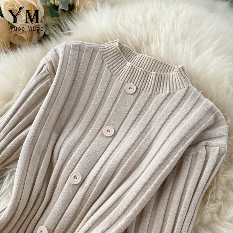 YuooMuoo French Long Slim Single-breasted Knit Long Sleeve Dress Women Autumn and Winter Bodycon Sweater Dress Vestido
