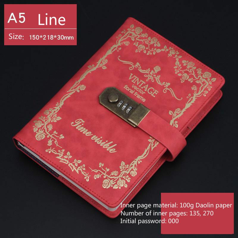 A5 pu læder planner notesbøger og journaler med kode dagsorden kontor forretningshemmelig dagbog med lås notesbøger skoleartikler: Rød