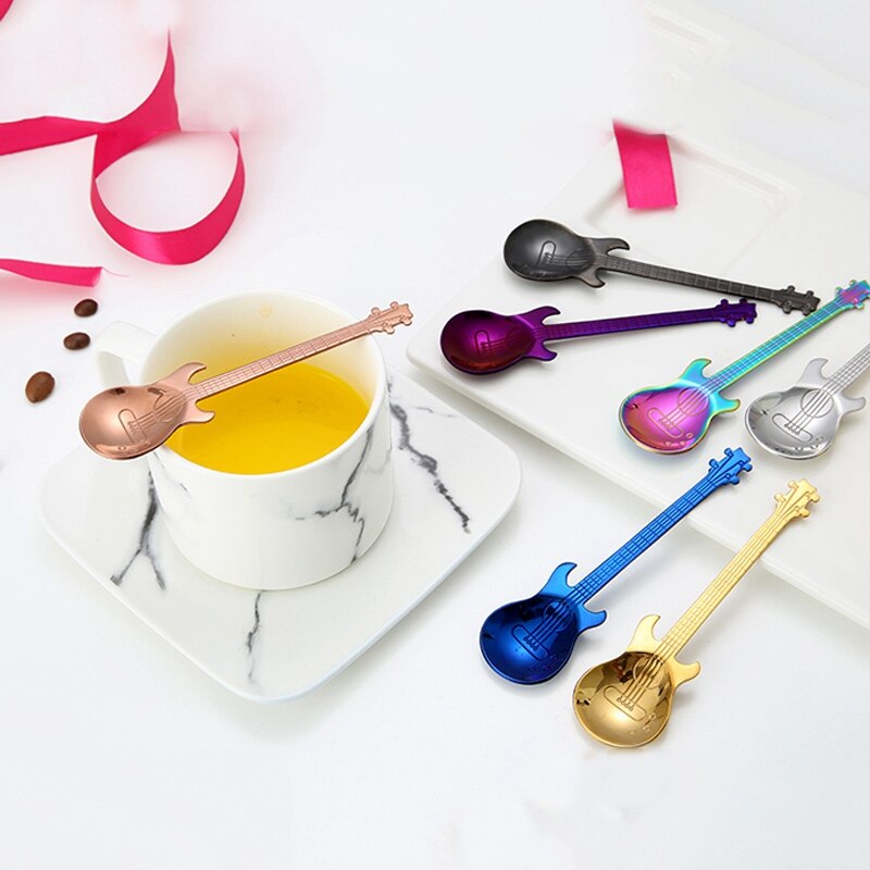 1PC Kitchen Stainless Steel Guitar Coffee Spoon Dessert Cutlerys Teaspoon Colorful Tea Spoon Coffee Accessorie