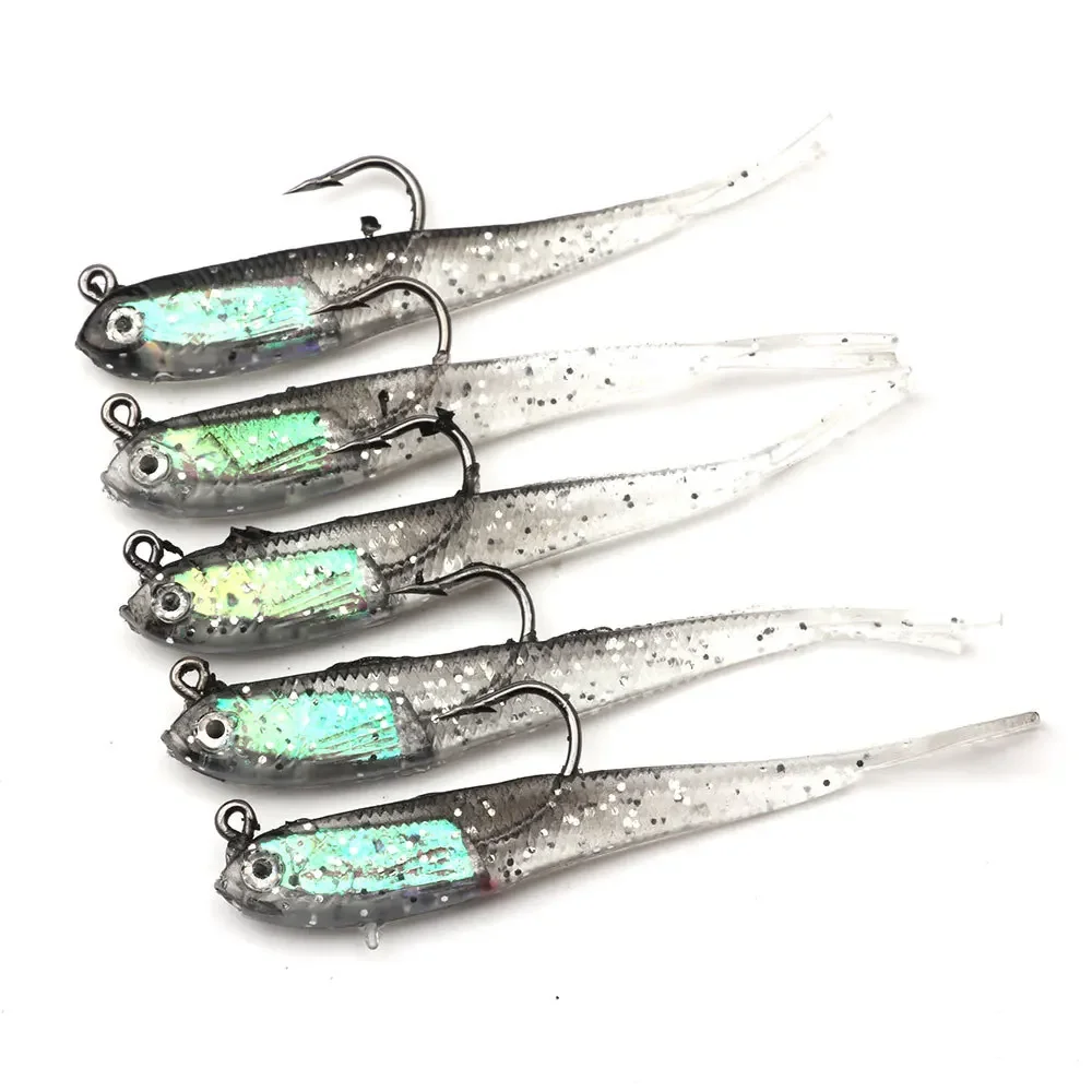 Señuelo suave de 5 uds., 7cm/6g, cola dividida, cebos de natación con anzuelos, cebo de pesca Artificial de silicona para agua salada: YELLOW