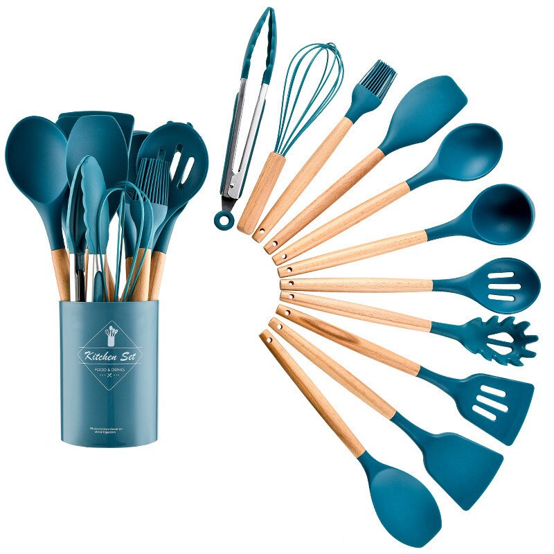 Juego de Utensilios de Silicona para la Cocina, Instrumentos para Cocinar, Espátula y Pala Antiadherente, Accesorio con Mango de Madera, con Recipiente de Almacenamiento: Blue