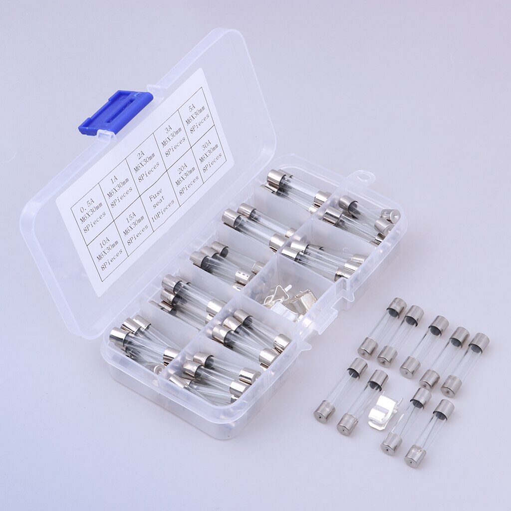 72- pack 6 x 30mm 0.5a-30a snelblazende glazen buiszekeringen kits voor elektronica zekering diverse kits doe-het-zelf snelblazende glazen buis