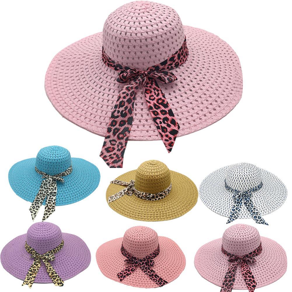 Chapeaux de Protection solaire pour femmes, couvre-chef de plage en paille fait à la main, style Boho décontracté, nœud papillon léopard, à large bord, été,
