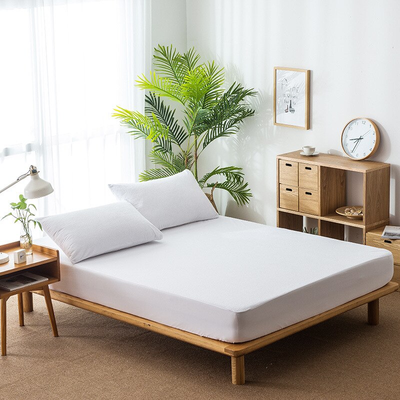 Pure Color Terry Towelling Fitted Bed Sheet Watertight Bed Protective Cover Twin/Full/Queen/King Cotton Soft Fitted Bed Sheet: Long Twin-99X203X36