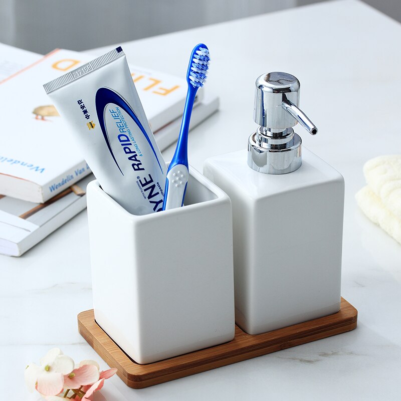 Ceramic Soap Dispenser White Black Bottle Hotel Bathroom Shower Gel Hand Sanitizer Bottle with Bamboo Tray 320ml