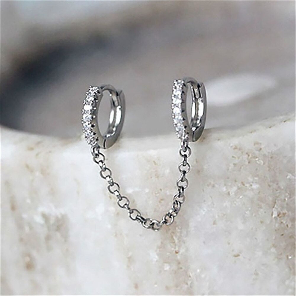 Een Stuks Twee Hole Piercing Oorbellen Voor Vrouwen Brilliant Crystal Zirkoon 2 Metalen Kleur Chain Earring Partij Sieraden: Antiek Zilver