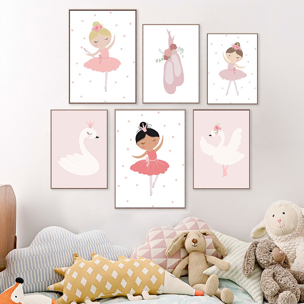 Tegneserie pige udskriver lyserøde svane vægbilleder til børneværelser nordiske plakater og udskrifter børnehave væg kunst uindrammet – Grandado