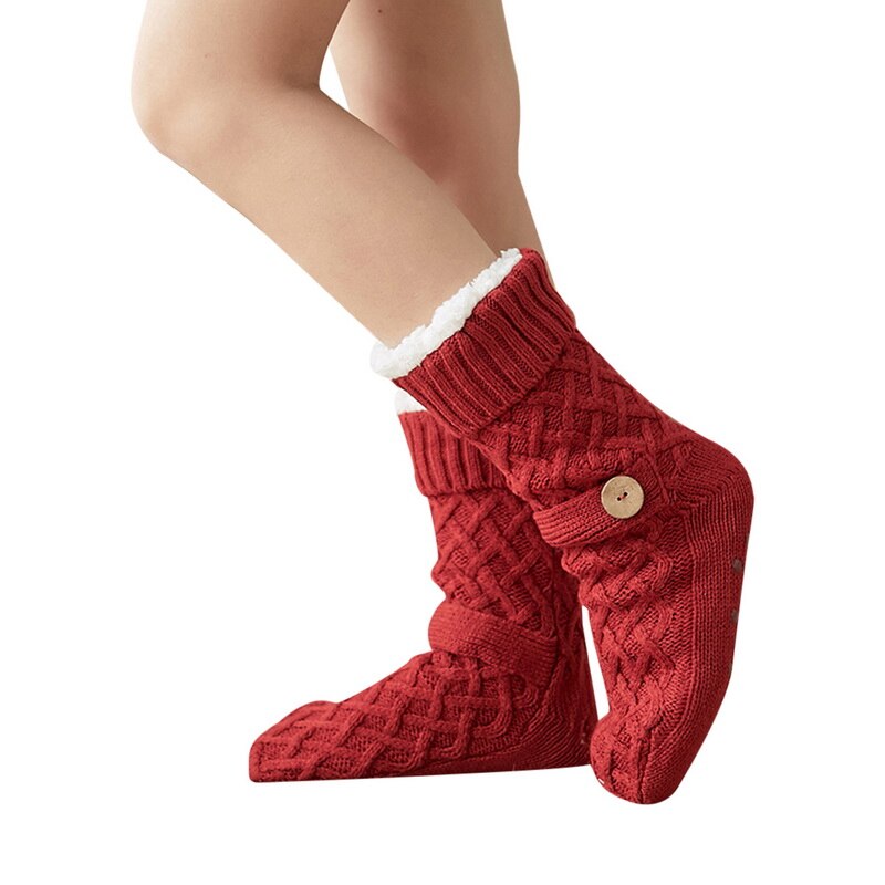 Hiver tricoté femmes chaussettes femmes impression de noël anti-dérapant moelleux corail polaire bouton Tube velours femme chaussettes: red