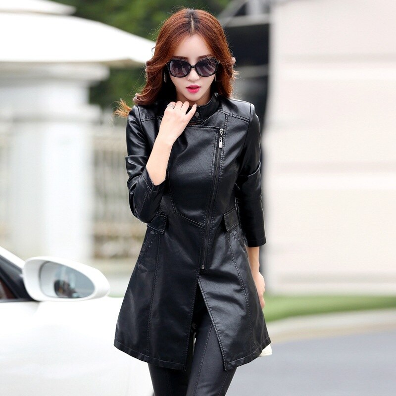 Leather Coat Jacket Women Slim Patchwork Long Female Jacket PU Motorcycle Autumn Winter Outerwear: black / L