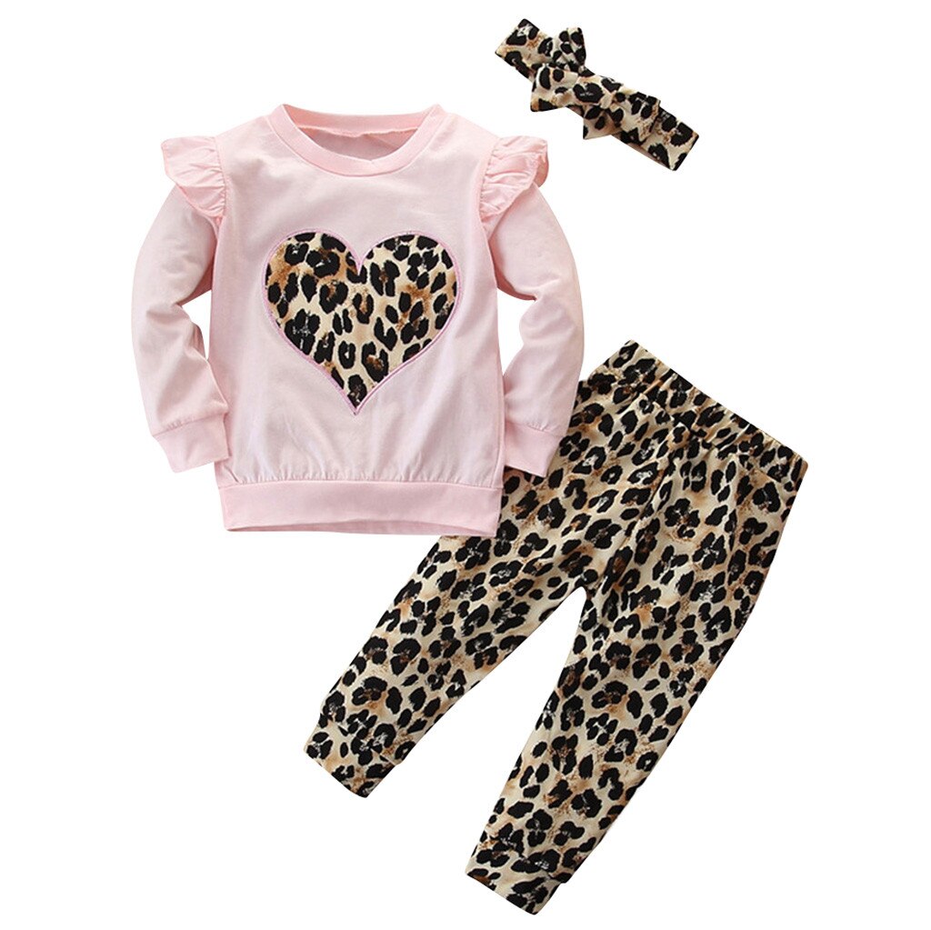 Autunno abbigliamento per bambini del vestito delle ragazze di modo di amore della camicia a maniche lunghe + pantaloni di stampa leopardo + set fascia dei capelli rosa детская одежда 50 *: 3T