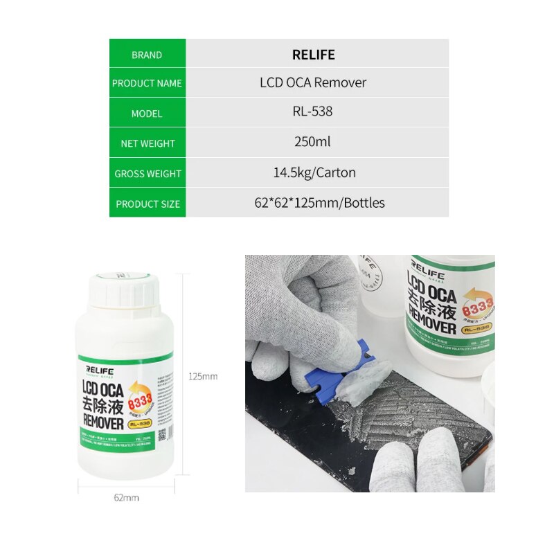 RELIFE RL-538 OCA Efficient liquid remover Touch Screen Removing Liquids Repair Glue Fluid PCB Cleaning for Iphone Sumsung+knife